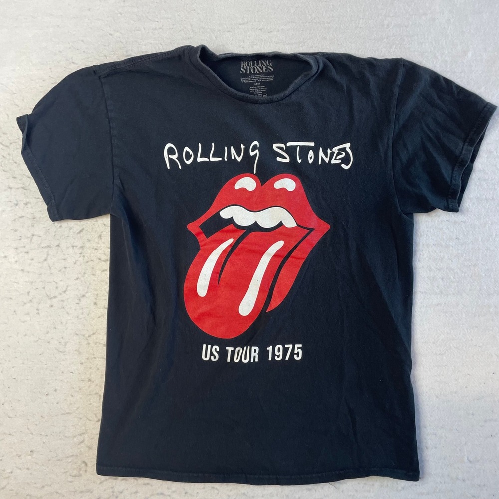 Rolling Stones T-Shirt Medium Black US Tour 1975 Graphic Short Sleeve Cotton